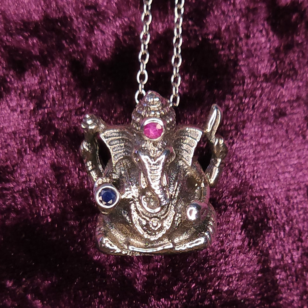 Ganesha Sterling Silver Pendant with Ruby and Sapphire Close Up