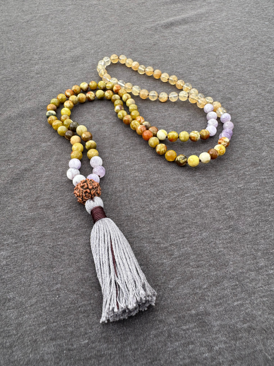 God as the Mother, Unconditional Love, Forgiveness - Russian Serpentine, Yellow Cherry Quartz, Chevron Amethyst Mala