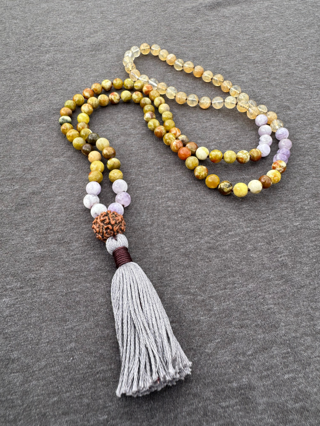 God as the Mother, Unconditional Love, Forgiveness - Russian Serpentine, Yellow Cherry Quartz, Chevron Amethyst Mala
