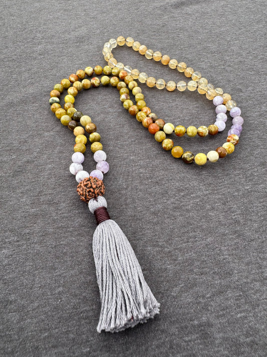 God as the Mother, Unconditional Love, Forgiveness - Russian Serpentine, Yellow Cherry Quartz, Chevron Amethyst Mala