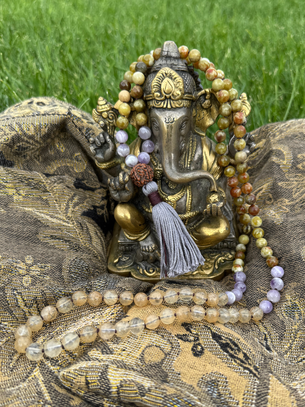 God as the Mother, Unconditional Love, Forgiveness - Russian Serpentine, Yellow Cherry Quartz, Chevron Amethyst Mala on Ganesh