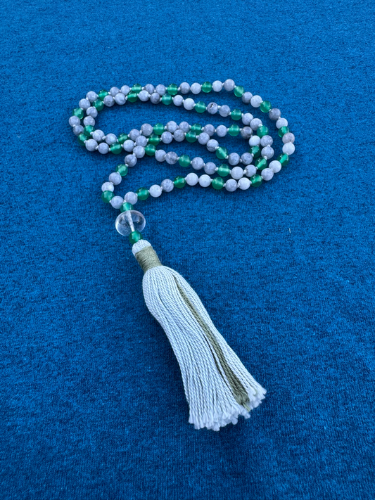 Green Onyx and Cloudy Quartz  6mm Mala Prayer Beads