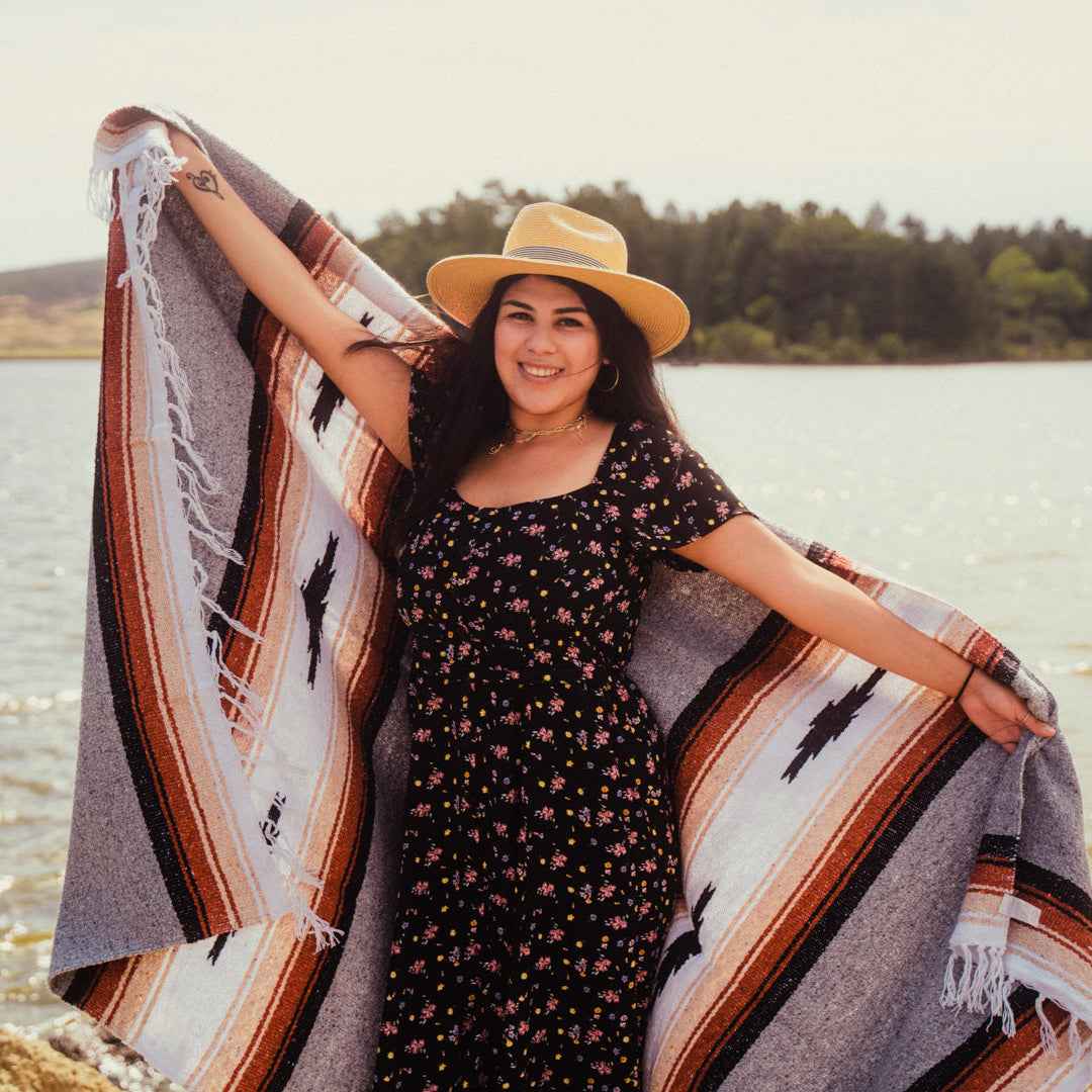 Grey Baja Diamond Yoga Blanket Lifestyle Happy Person