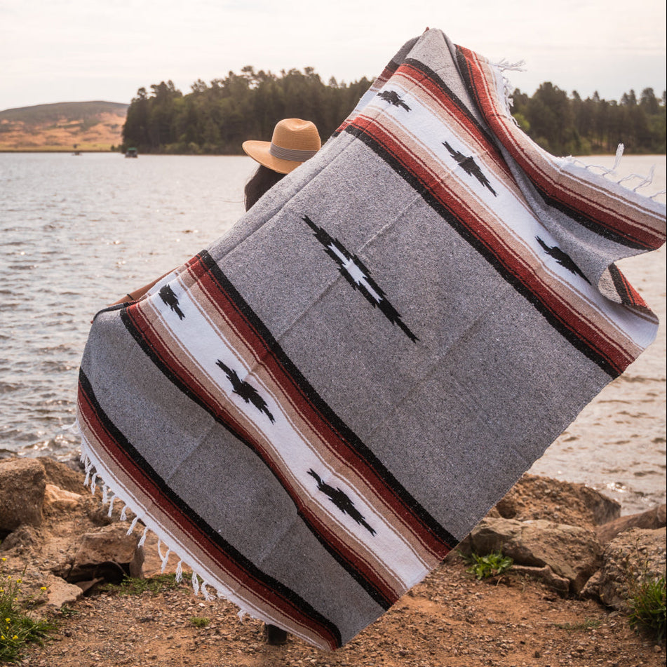 Grey Baja Diamond Yoga Blanket Lifestyle Held Up