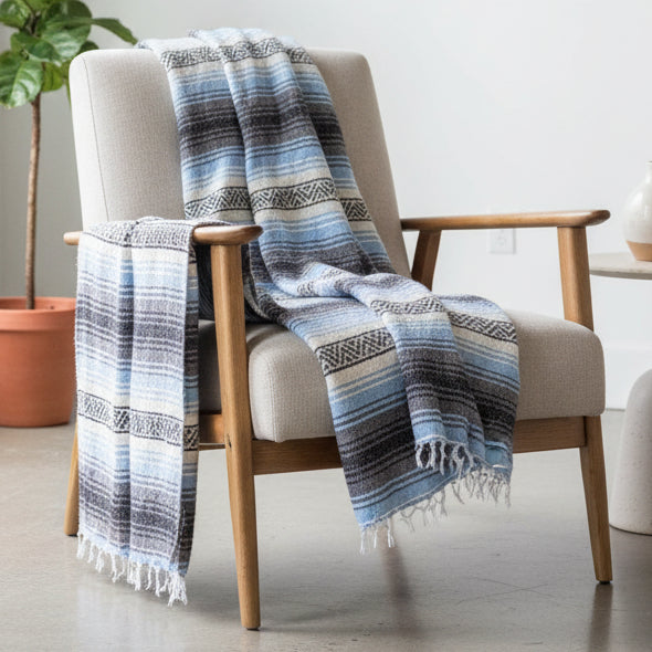 Light Blue Mexican Falsa Yoga Blanket Lifestyle on Chair