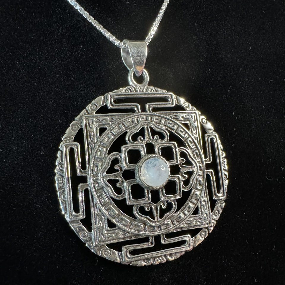 92.5% Sterling Silver Yantra Pendant with Moonstone