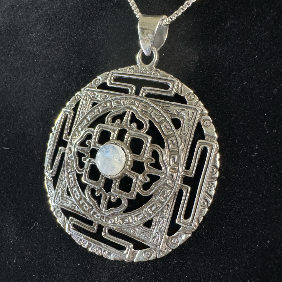 92.5% Sterling Silver Yantra Pendant with Moonstone