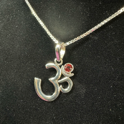 OM Symbol with Moissanite Pendant with Garnet