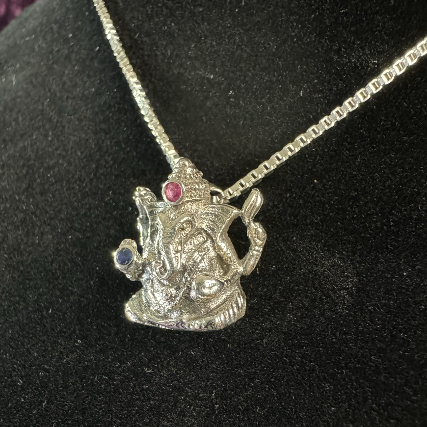 92.5% Sterling Silver Ganesha Pendant with Ruby and Sapphire