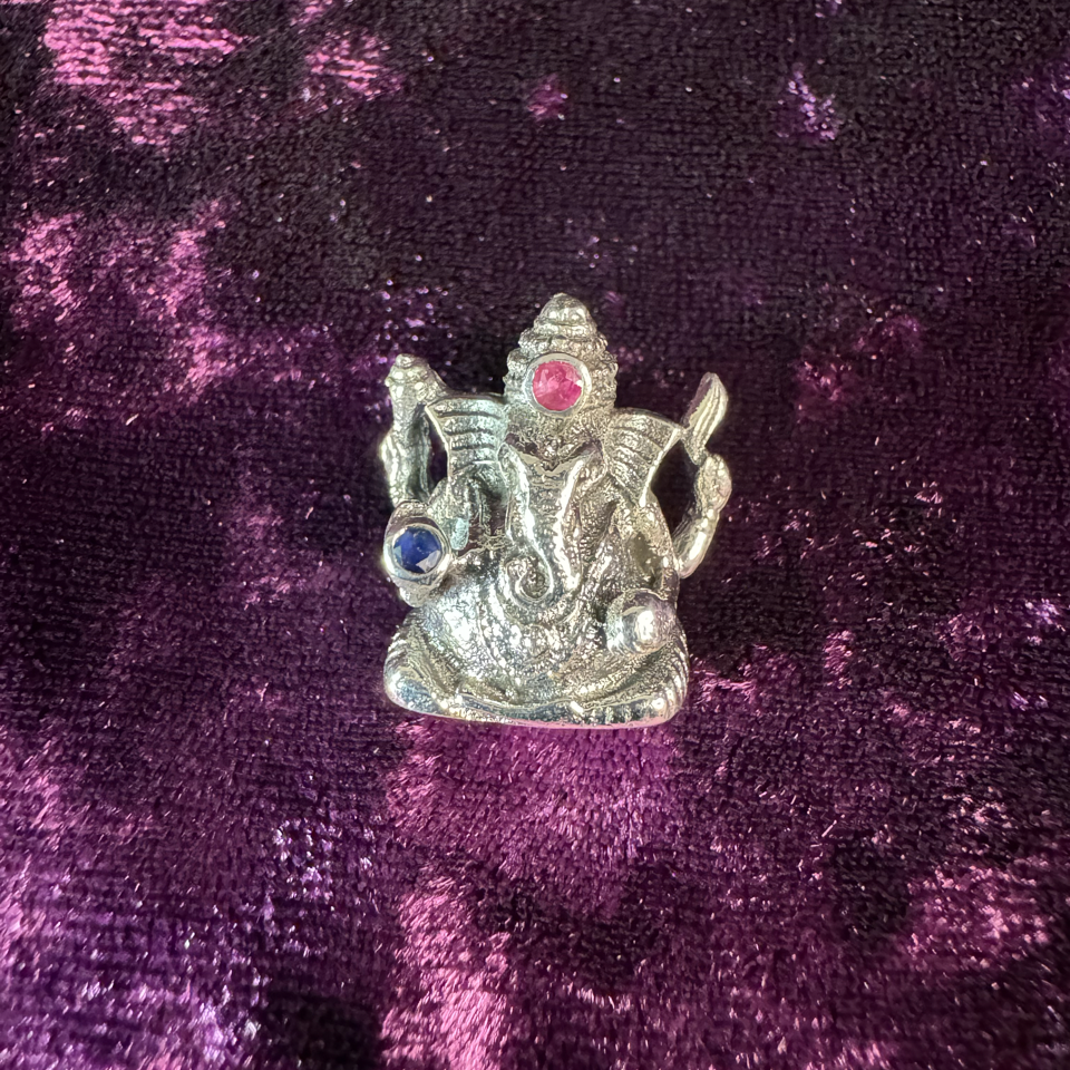 92.5% Sterling Silver Ganesha Pendant with Ruby and Sapphire