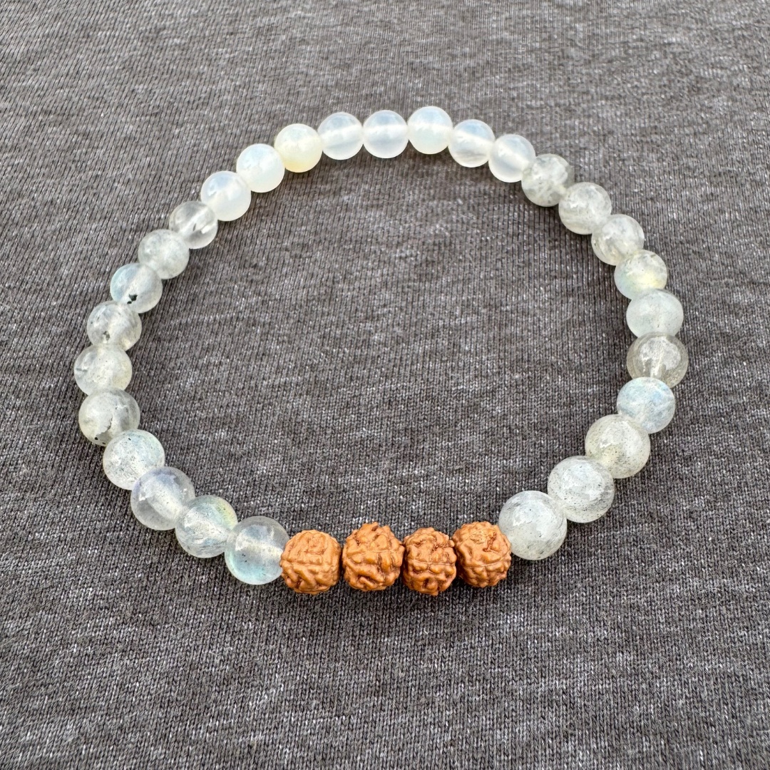 Labradorite Moonstone with Rudraksha 6mm Mala Bracelet