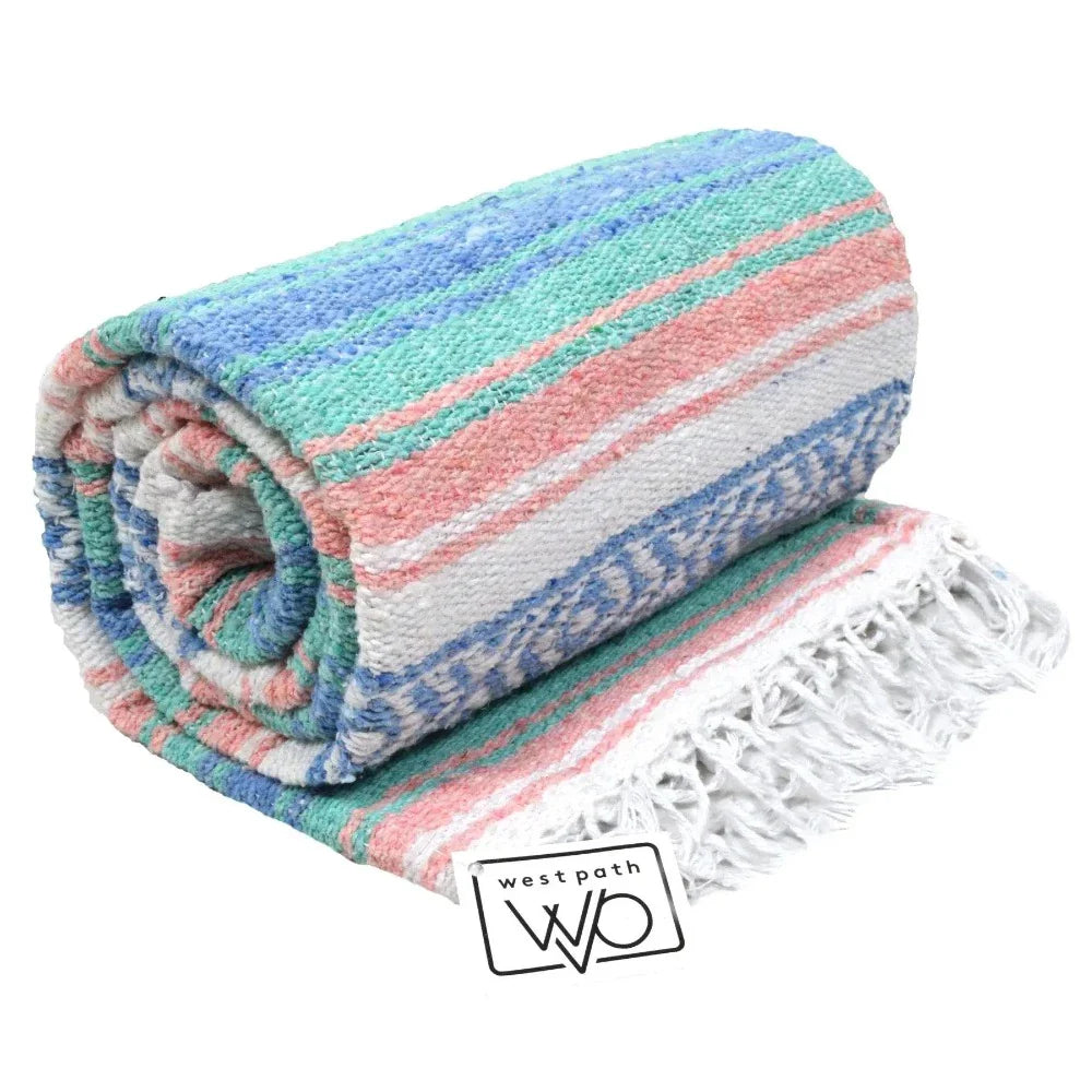Mint Blue & Coral Peach Falsa Yoga Blanket Rolled Up