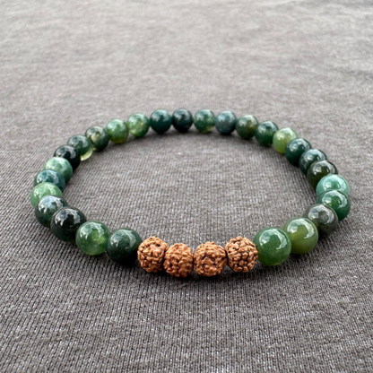 Moss Agate with Rudraksha 6mm Mala Bracelet