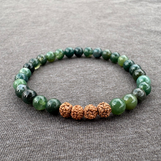 Moss Agate with Rudraksha 6mm Mala Bracelet