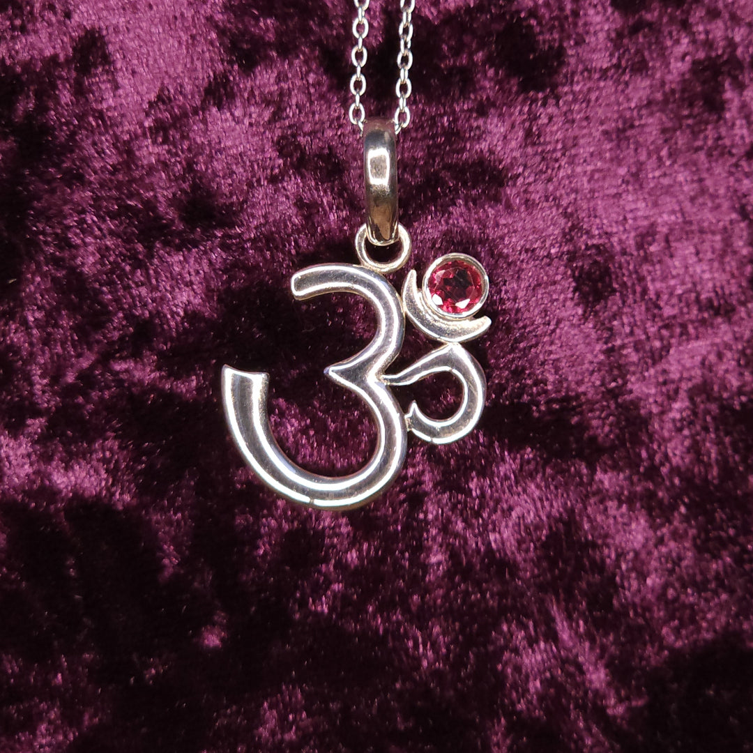 OM Symbol Sterling Silver Pendant with Garnet