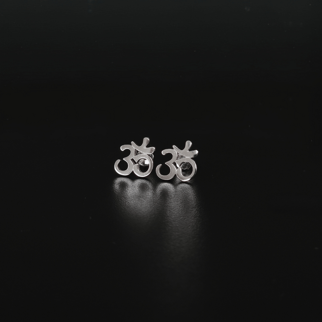 Om Symbol Stud Earrings in Sterling Silver Forward Facing