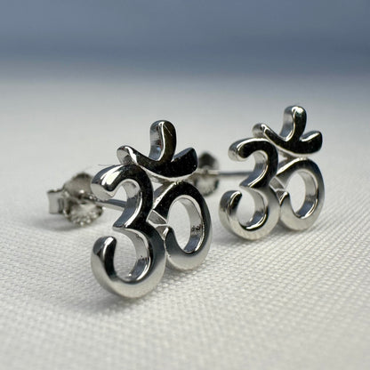 Om Symbol Stud Earrings in Sterling Silver Angle