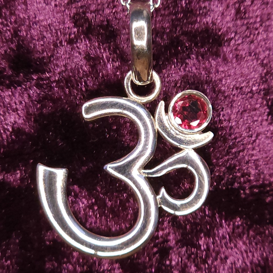 OM Symbol Sterling Silver Pendant with Garnet