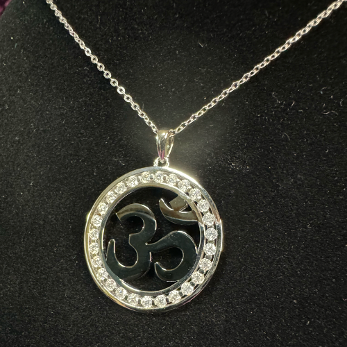 Om with Moissanite Pendant Left Angle