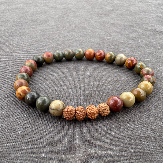 Piccaso Jasper with Rudraksha 6mm Mala Bracelet