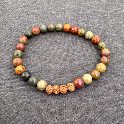 Piccaso Jasper with Rudraksha 6mm Mala Bracelet