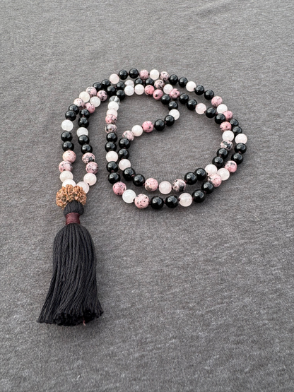 Protection of Energy and Intention - Rose Quartz, Black Tourmaline, Rhodonite 8mm Mala
