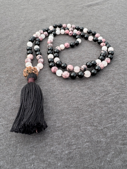 Protection of Energy and Intention - Rose Quartz, Black Tourmaline, Rhodonite 8mm Mala