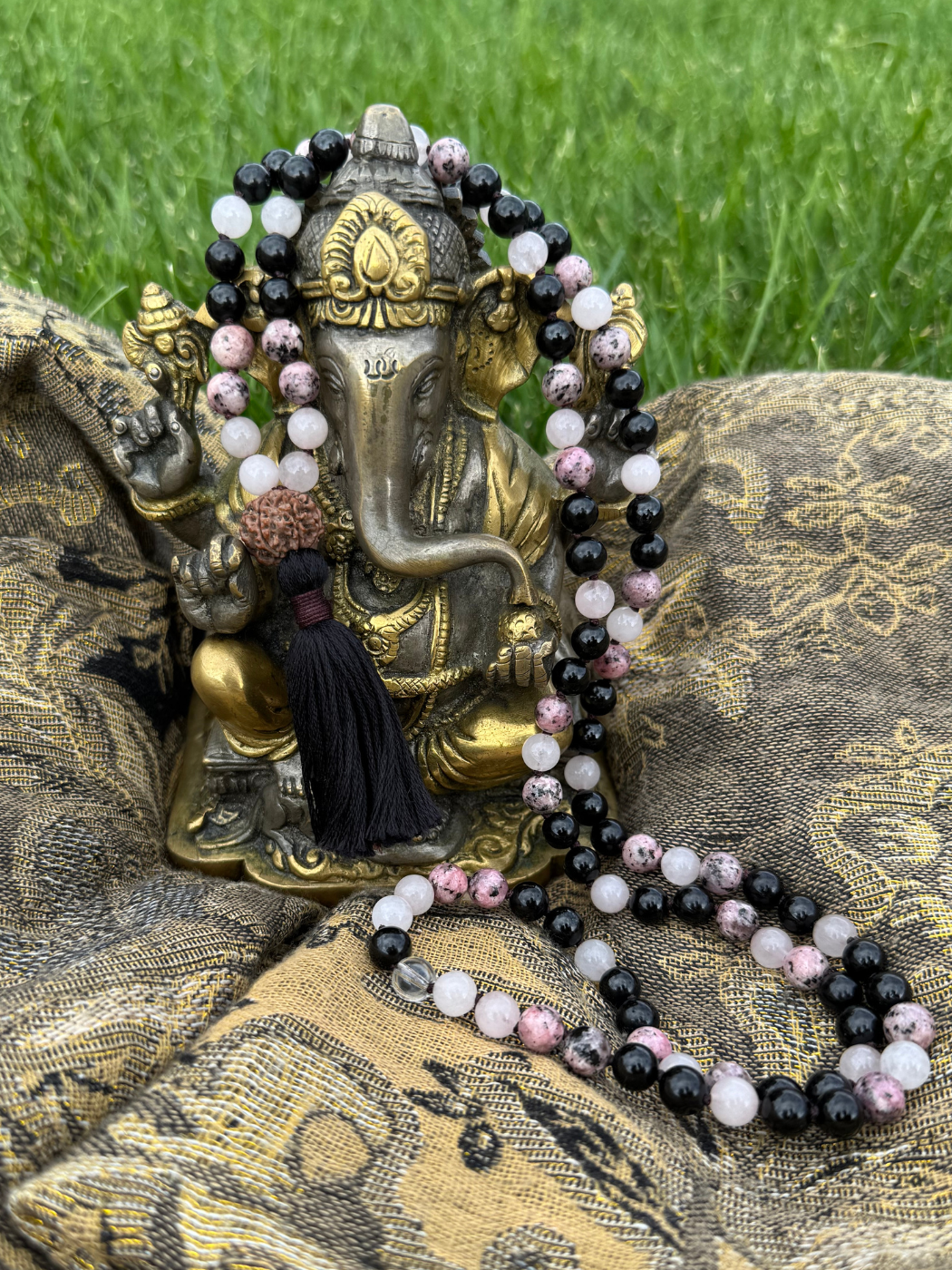 Protection of Energy and Intention - Rose Quartz, Black Tourmaline, Rhodonite 8mm Mala on Ganesh