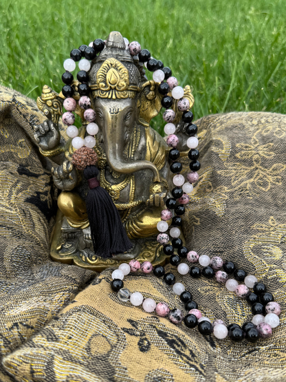 Protection of Energy and Intention - Rose Quartz, Black Tourmaline, Rhodonite 8mm Mala on Ganesh