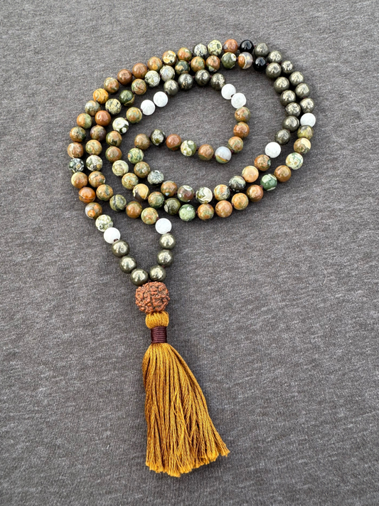 Remember Your Ancestors, Take Care of This Land, She Will Take Care of You - Rhyolite, Pyrite, Rainbow Moonstone, Black Tourmaline 8mm Mala