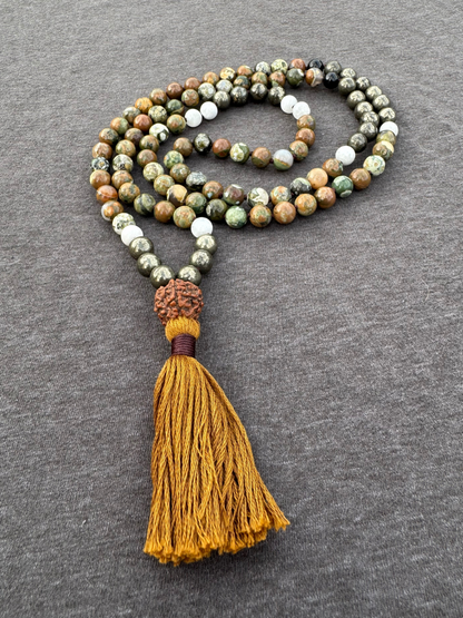 Remember Your Ancestors, Take Care of This Land, She Will Take Care of You - Rhyolite, Pyrite, Rainbow Moonstone, Black Tourmaline 8mm Mala