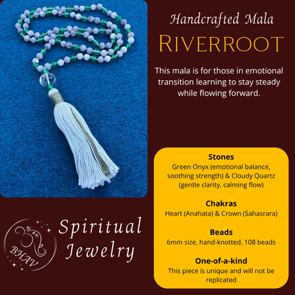Riverroot - Green Onyx and Cloudy Quartz  6mm Mala Prayer Beads