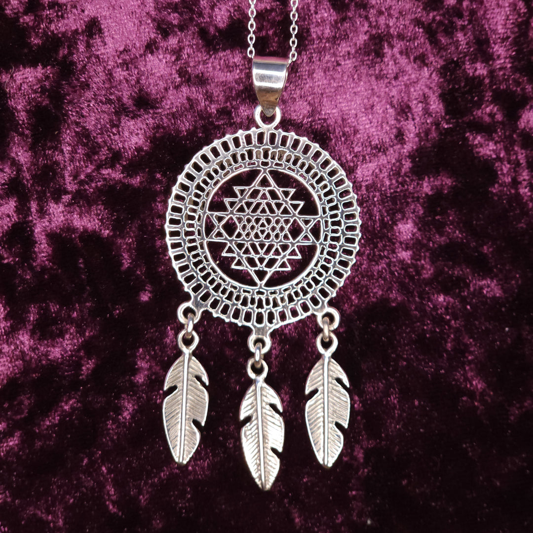 Sri Yantra Dreamcatcher Sterling Silver Pendant