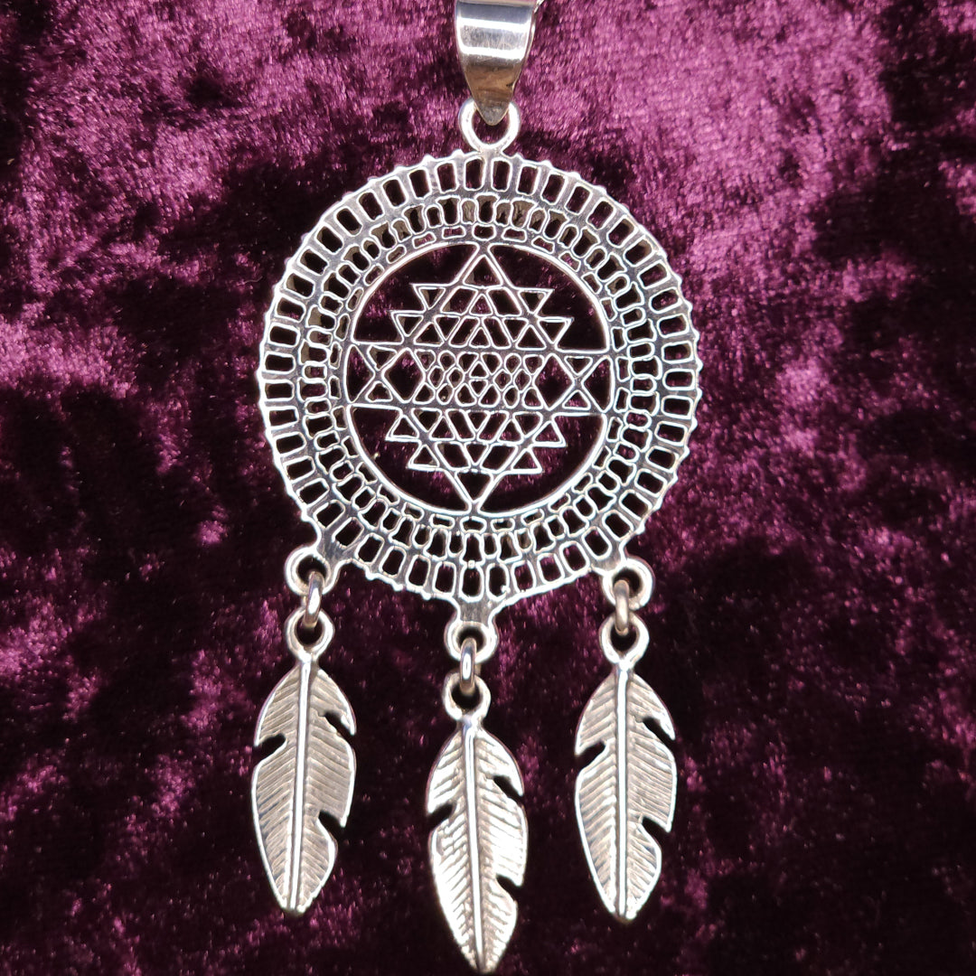 Sri Yantra Dreamcatcher Sterling Silver Pendant Closeup