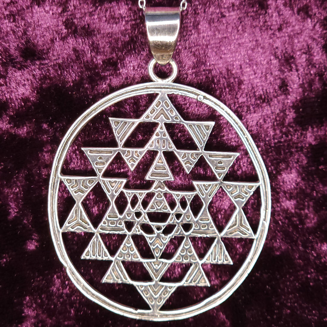 Sri Yantra Outline Sterling Silver Pendant Closeup