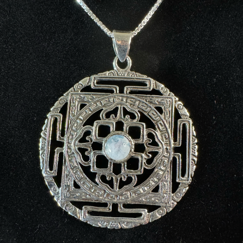 Sri Yantra Mandala Sterling Silver Pendant with Moonstone Black BG