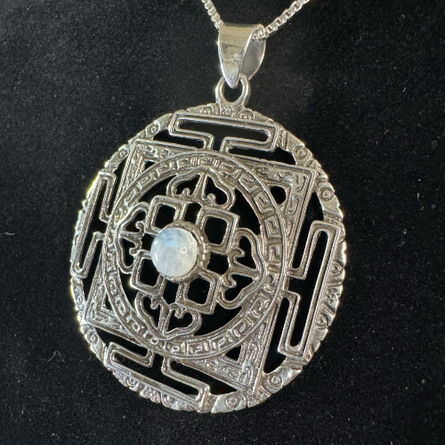 Sri Yantra Mandala Sterling Silver Pendant with Moonstone Left Angle