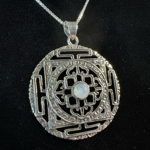 Sri Yantra Mandala Sterling Silver Pendant with Moonstone Right Angle