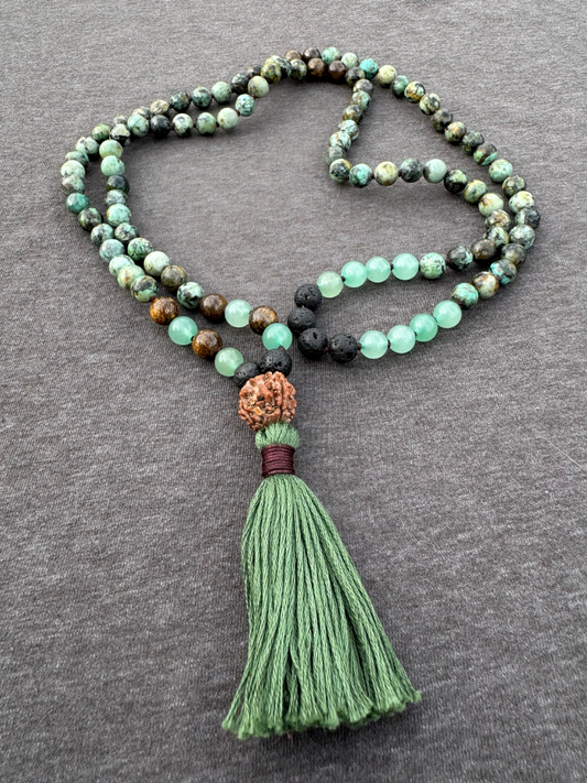 The Six Stanzas on Nirvana, Share Your Voice, Tell Your Story - African Turquoise, Green Aventurine, Bronzite, Lava Stone 8mm Mala