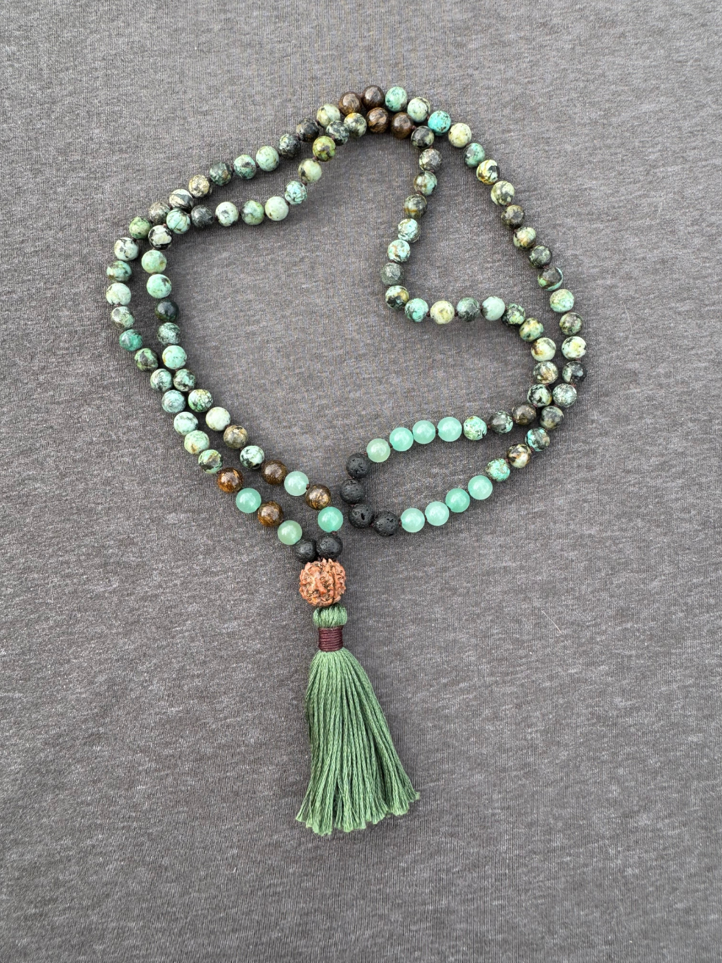 The Six Stanzas on Nirvana, Share Your Voice, Tell Your Story - African Turquoise, Green Aventurine, Bronzite, Lava Stone 8mm Mala