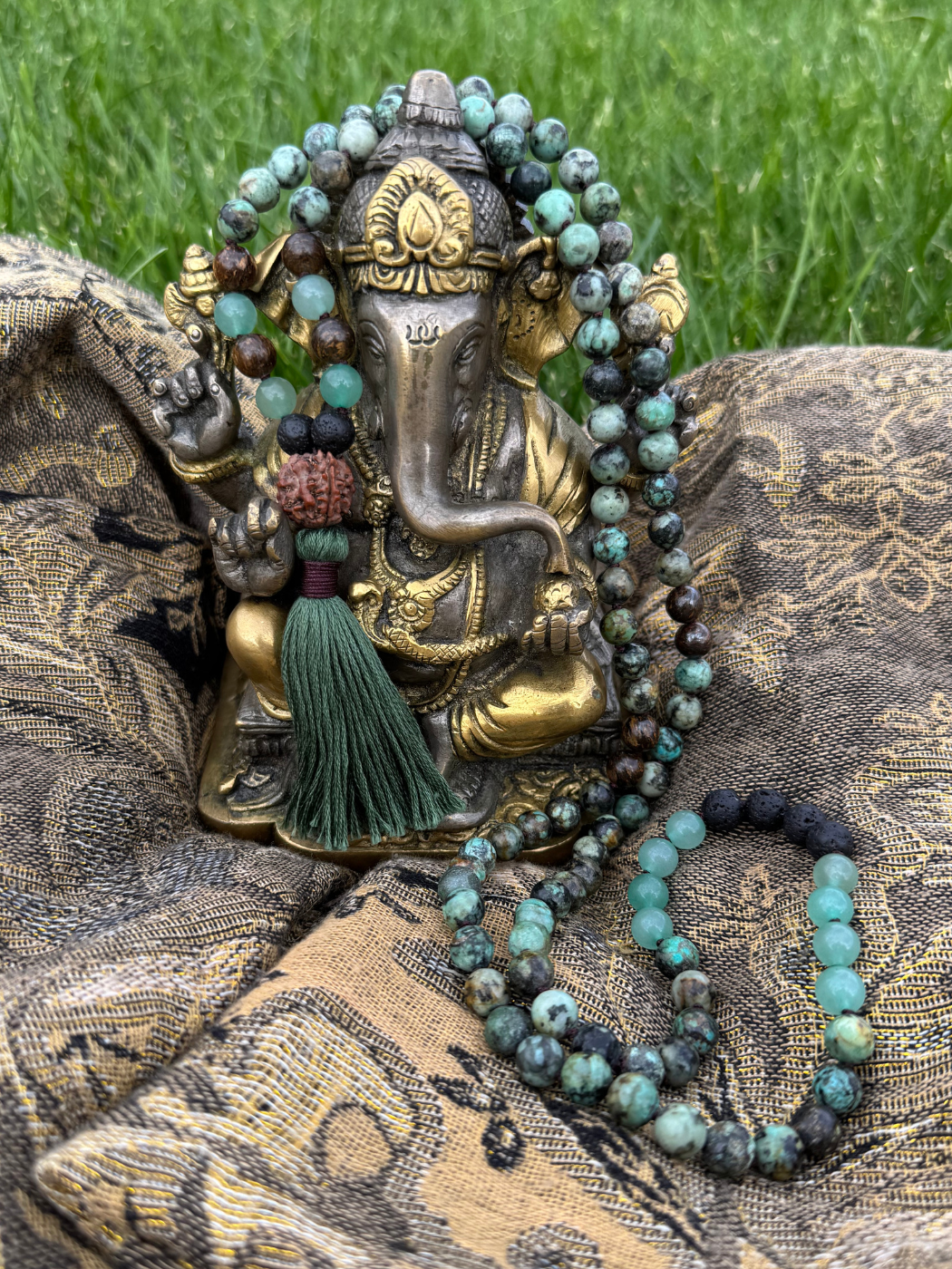 The Six Stanzas on Nirvana, Share Your Voice, Tell Your Story - African Turquoise, Green Aventurine, Bronzite, Lava Stone 8mm Mala on Ganesh