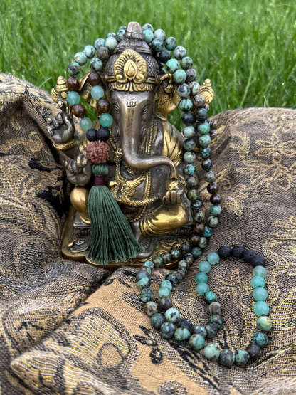 The Six Stanzas on Nirvana, Share Your Voice, Tell Your Story - African Turquoise, Green Aventurine, Bronzite, Lava Stone 8mm Mala on Ganesh