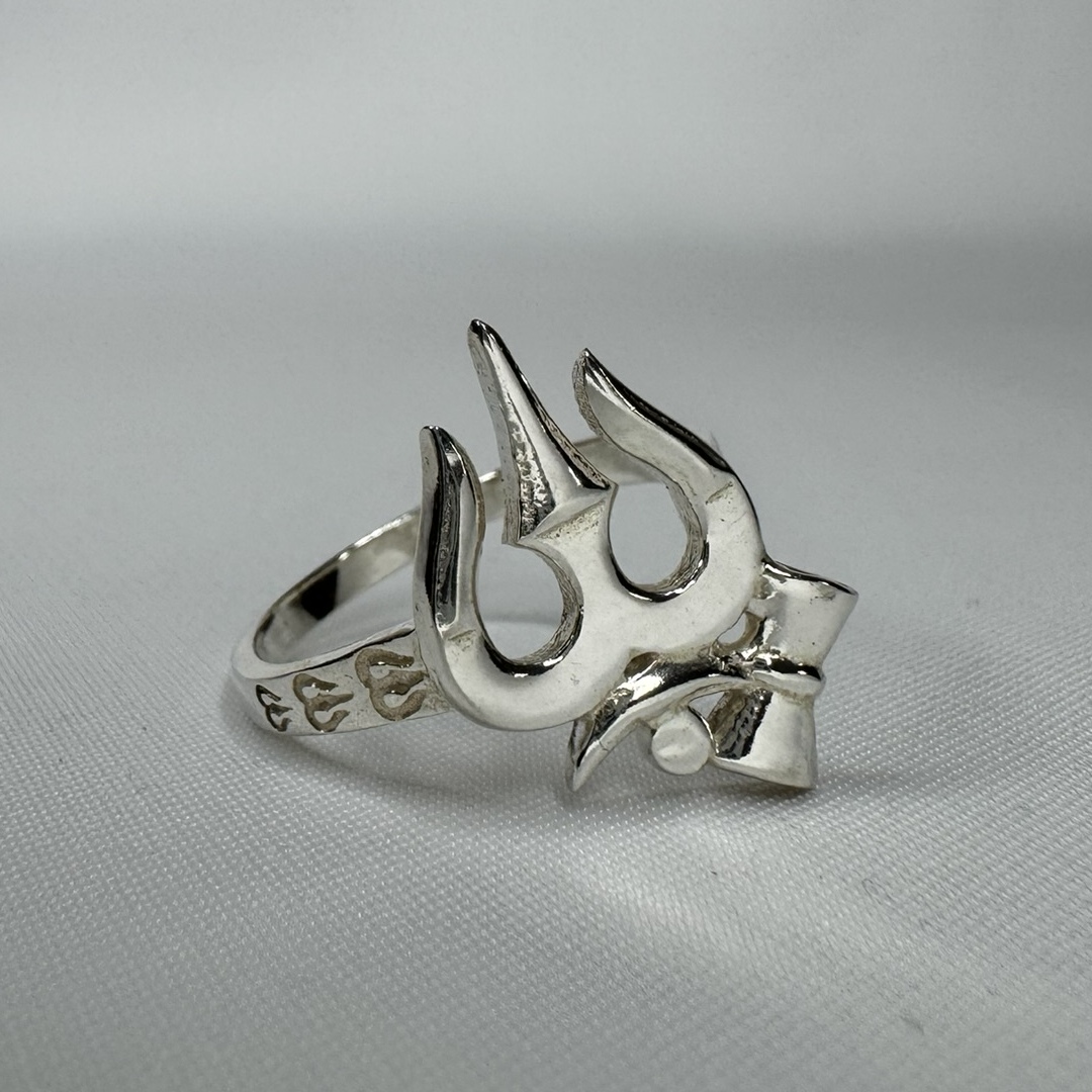 Trishul Trident Sterling Silver Ring with Rhodium Plating Side