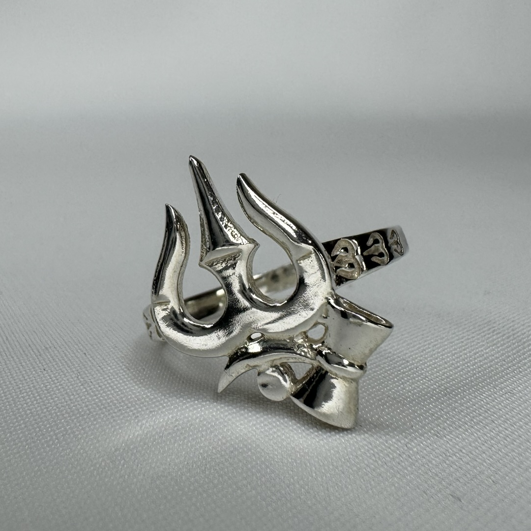 Trishul Trident Sterling Silver Ring with Rhodium Plating