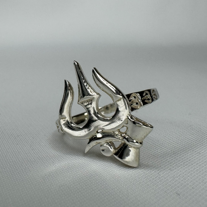 Trishul Trident Sterling Silver Ring with Rhodium Plating