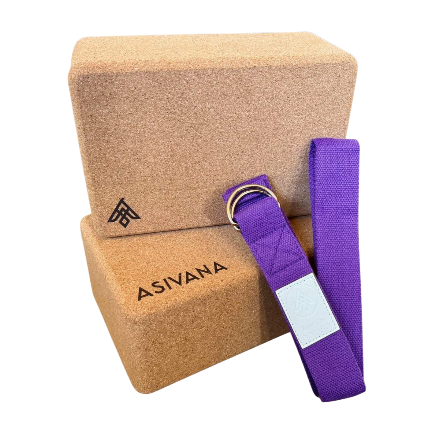 Two EcoBlock Cork Yoga Blocks and Amethyst Yoga Strap by Asivana Yoga