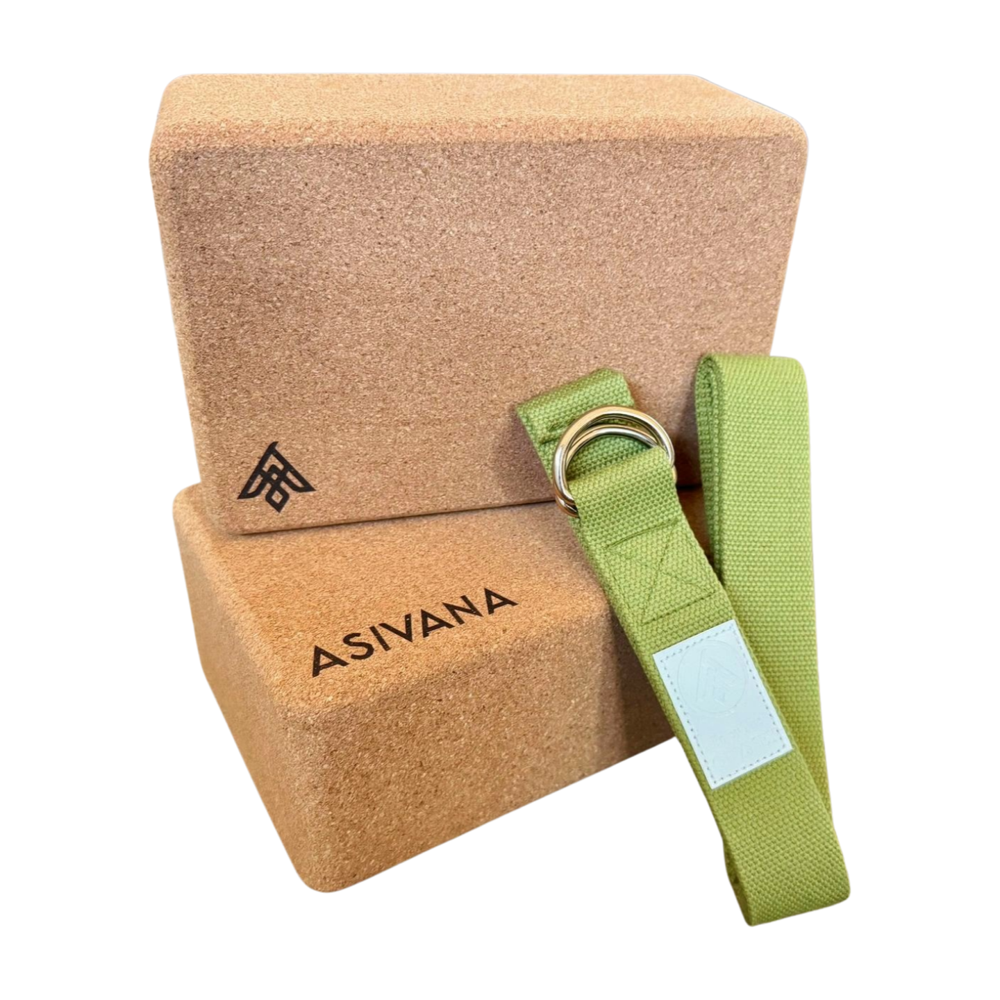 Two EcoBlock Cork Yoga Blocks and Peridot Yoga Strap by Asivana Yoga