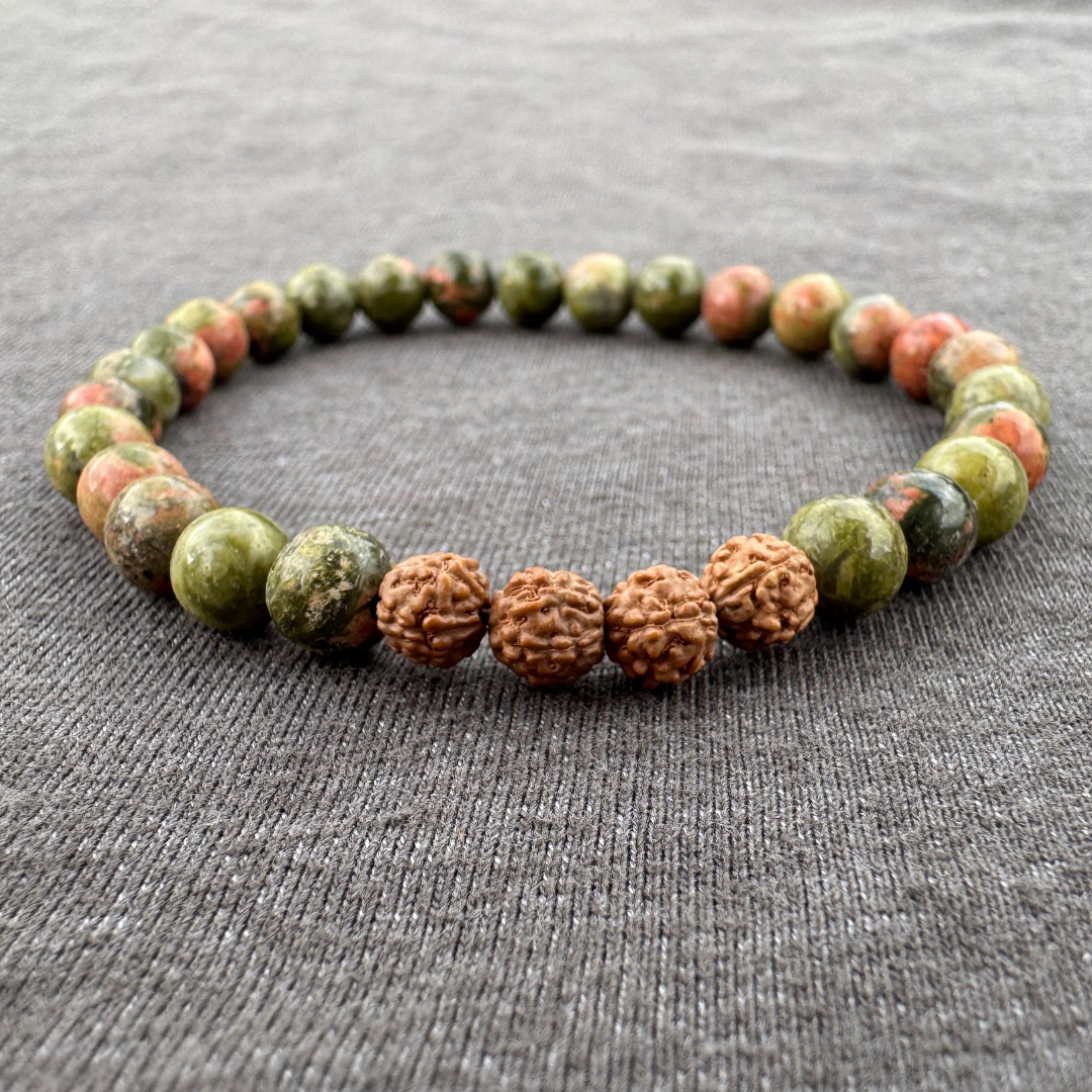 Unakite with Rudraksha 6mm Mala Bracelet Close up