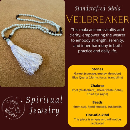 Veilbreaker - Garnet & Blue Quartz 6mm Handcrafted Mala Info Graphic