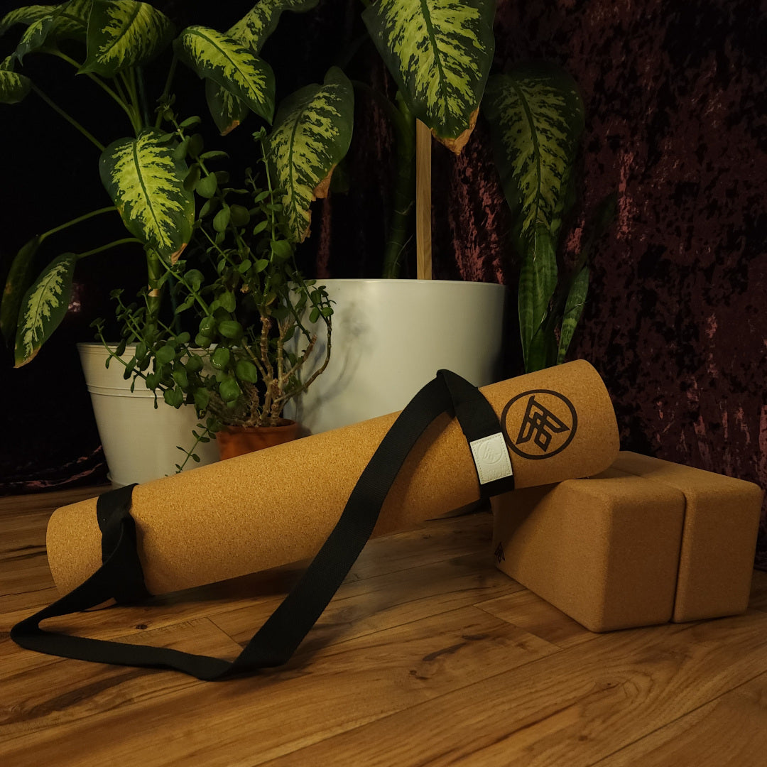 Yoga Mat Carrying Strap in Use Keep It Simple on Flux Cork Yoga Mat with Ecoblock Cork Yoga Blocks